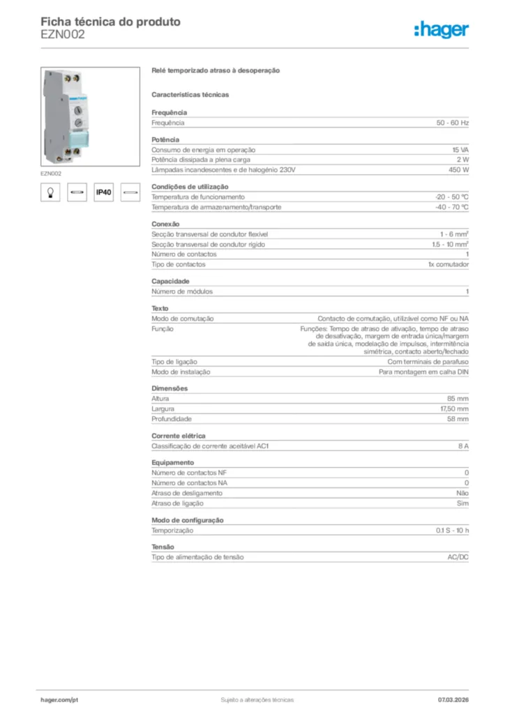 Imagem Hager Ficha técnica do produto EZN002 | Hager Portugal