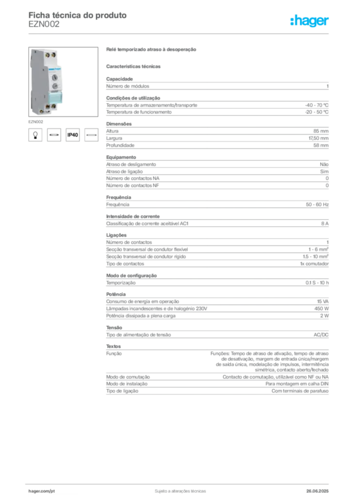 Imagem Hager Ficha técnica do produto EZN002 | Hager Portugal