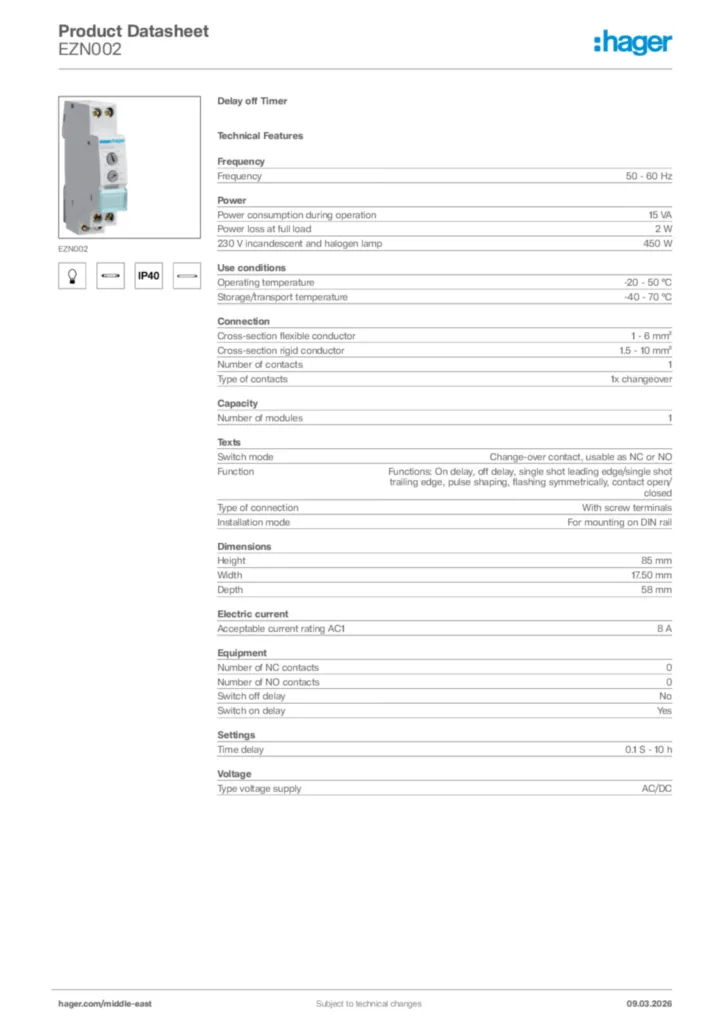 Image Hager Product data sheet EZN002  | Hager