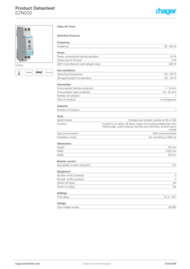 Image Hager Product data sheet EZN002  | Hager