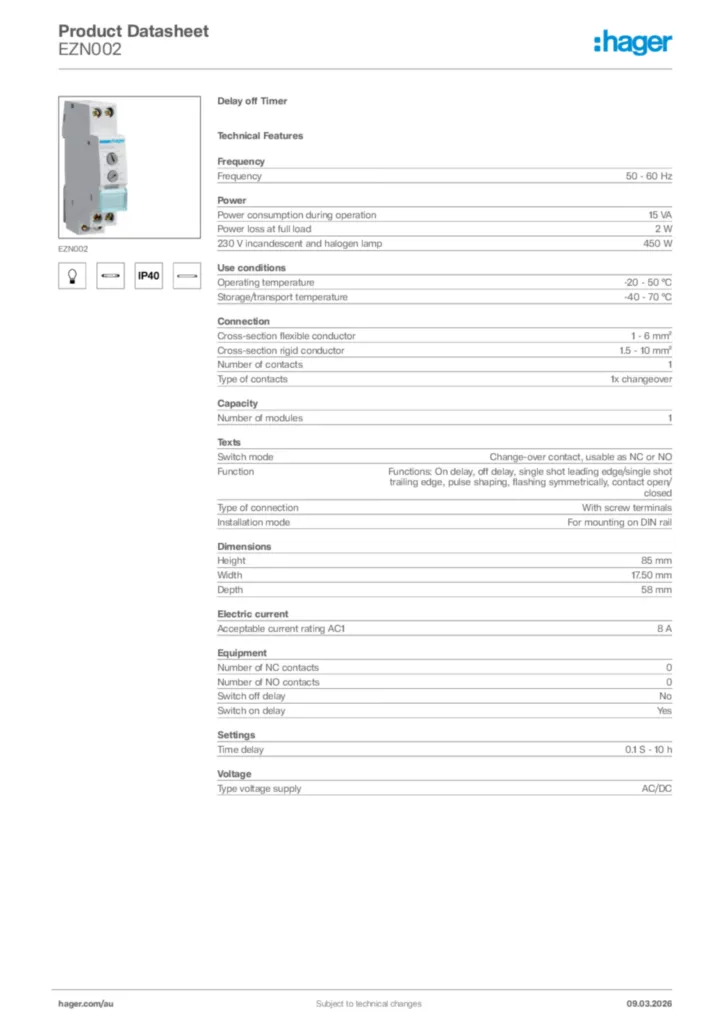 Image Hager Product data sheet EZN002  | Hager Australia