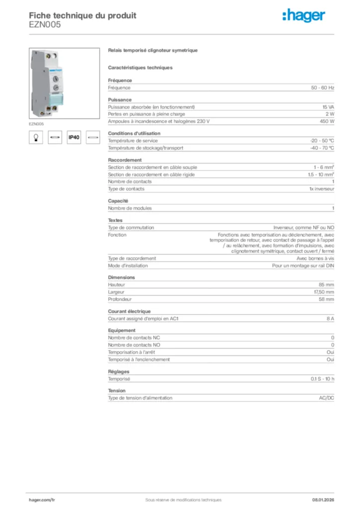 Image Hager Fiche technique du produit EZN005 | Hager France