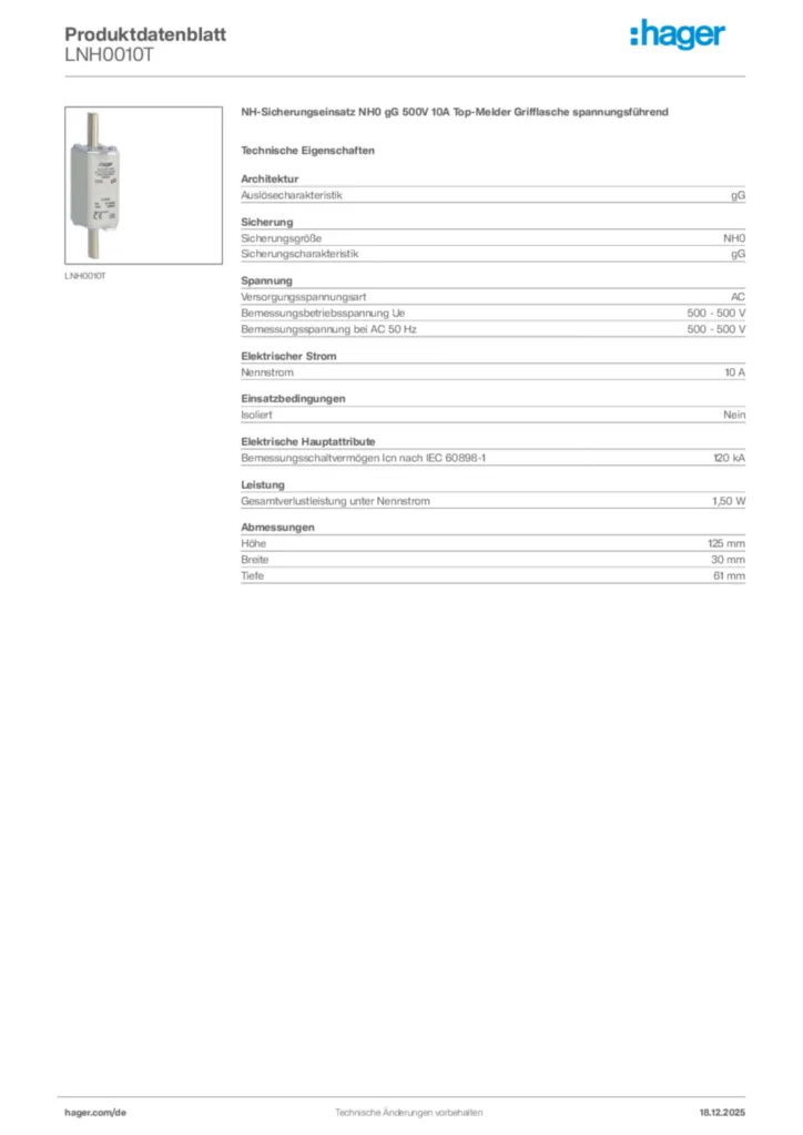 Bild Hager Produktdatenblatt LNH0010T | Hager Deutschland