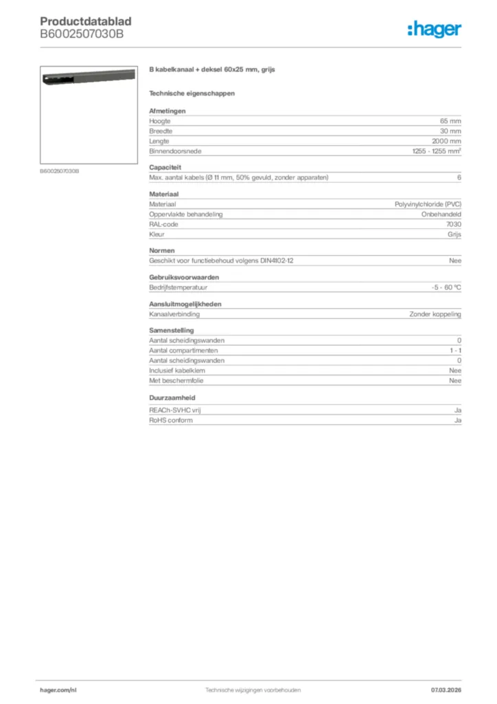 Afbeelding Hager Productdatablad B6002507030B | Hager Nederland