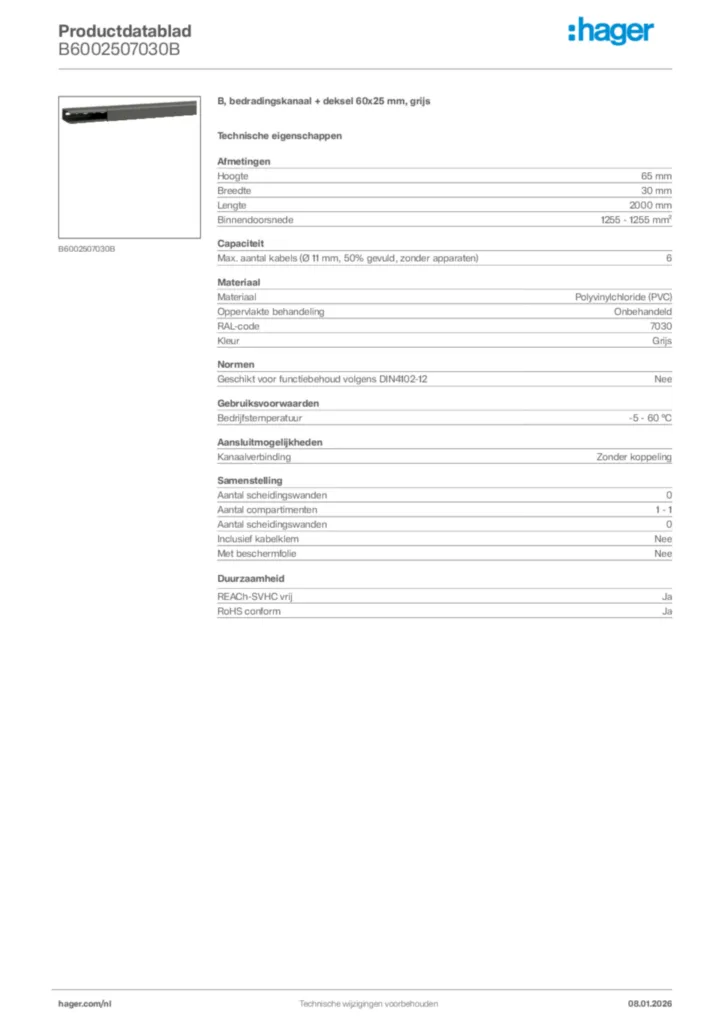 Afbeelding Hager Productdatablad B6002507030B | Hager Nederland