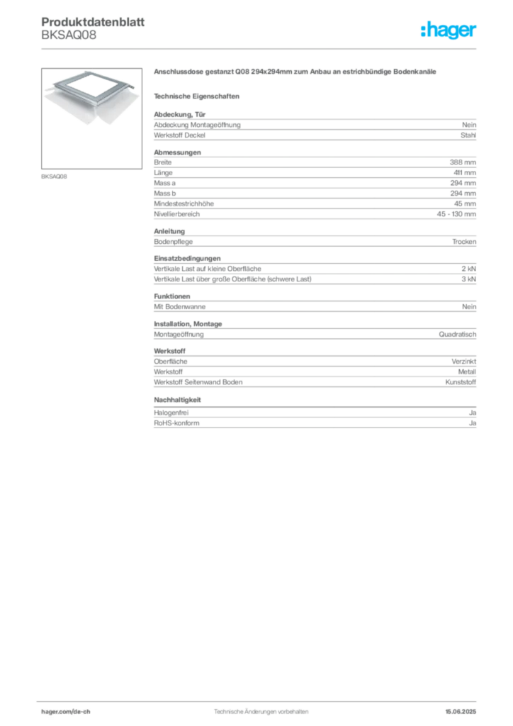 Bild Hager Produktdatenblatt BKSAQ08 | Hager Schweiz