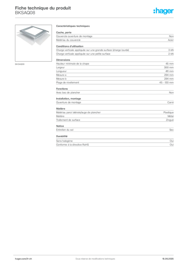 Image Hager Fiche technique du produit BKSAQ08 | Hager Suisse