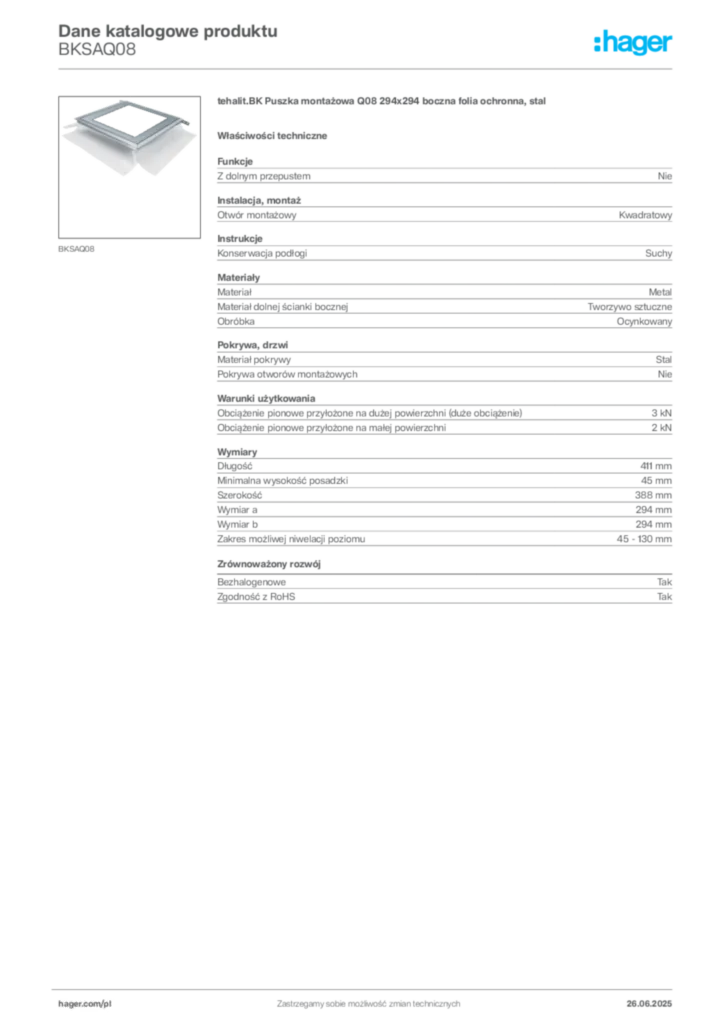 Zdjęcie Hager Karta katalogowa BKSAQ08 | Hager Polska