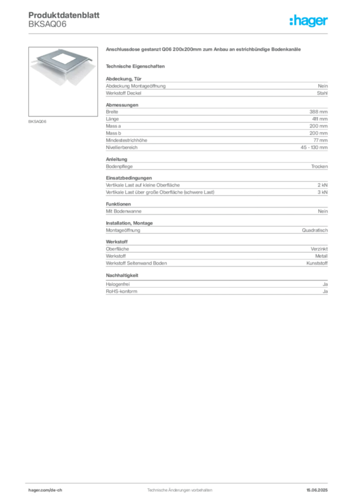 Bild Hager Produktdatenblatt BKSAQ06 | Hager Schweiz