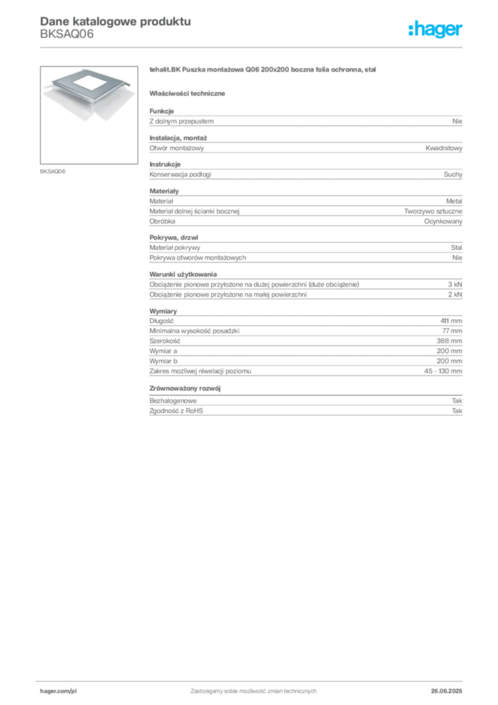 Zdjęcie Hager Karta katalogowa BKSAQ06 | Hager Polska