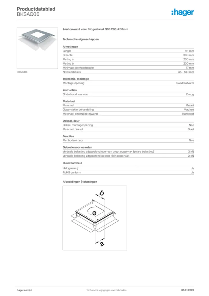 Afbeelding Hager Productdatablad BKSAQ06 | Hager Nederland
