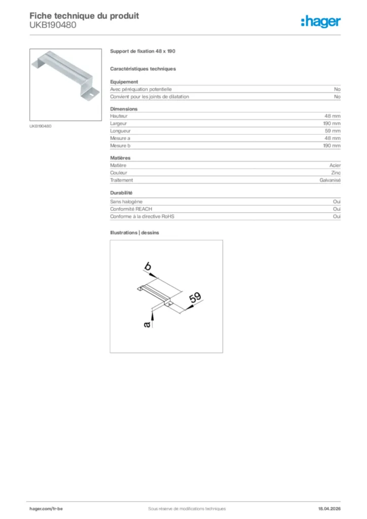 Image Hager Fiche technique du produit UKB190480 | Hager Belgique