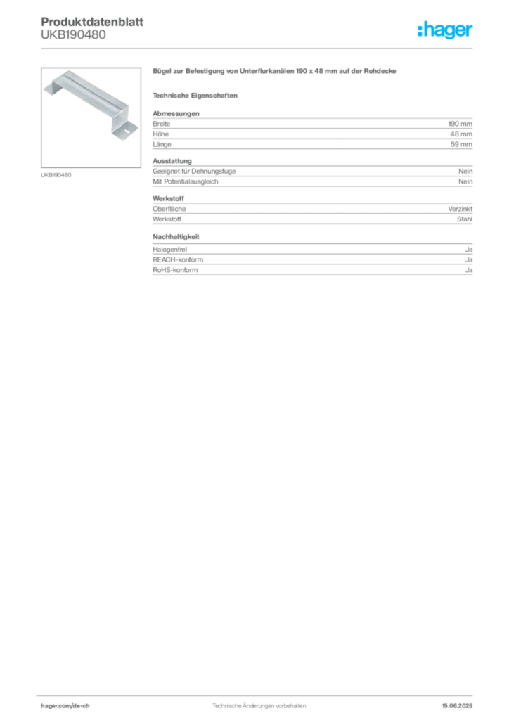 Bild Hager Produktdatenblatt UKB190480 | Hager Schweiz