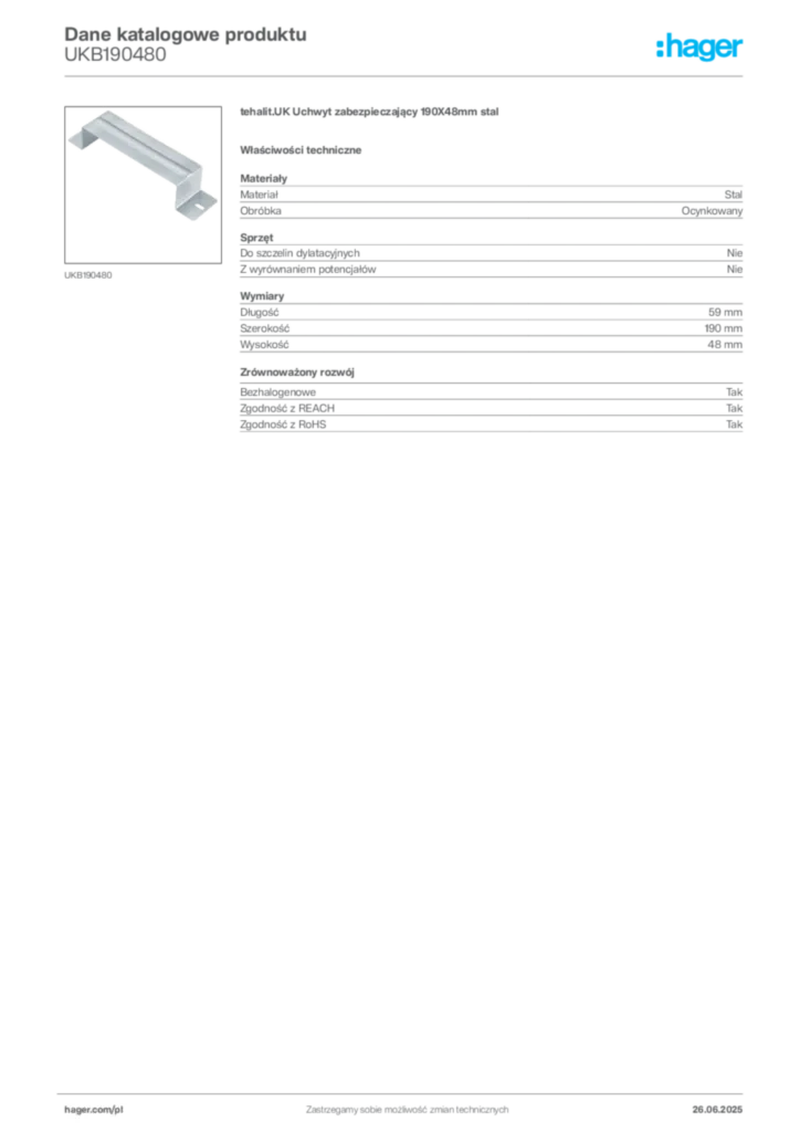 Zdjęcie Hager Karta katalogowa UKB190480 | Hager Polska