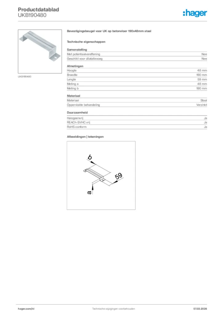 Afbeelding Hager Productdatablad UKB190480 | Hager Nederland
