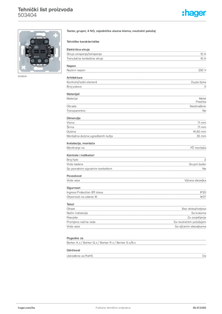 Slika Hager Product data sheet 503404  | Hager