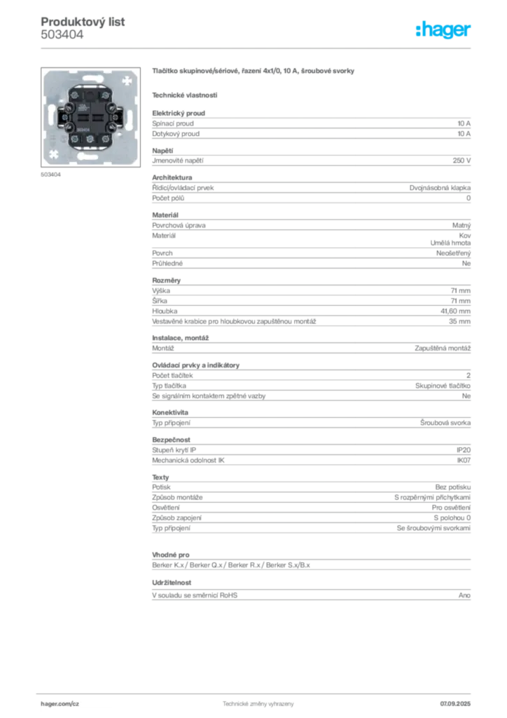 Obrázek Hager Produktový list 503404 | Hager