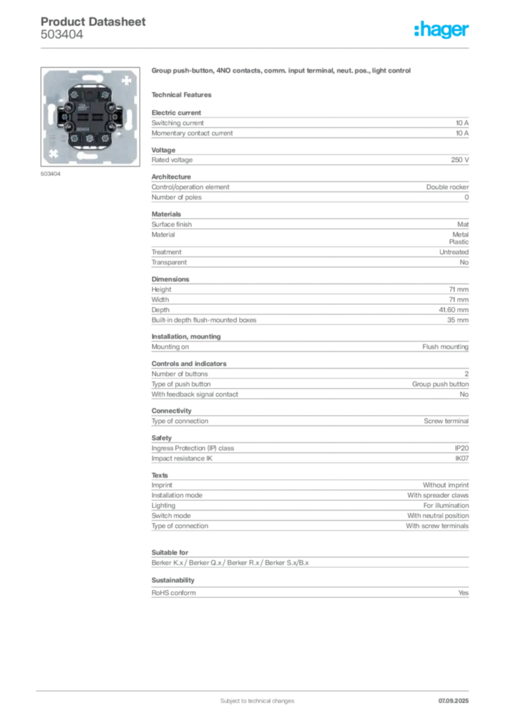 Image Hager Product data sheet 503404  | Hager