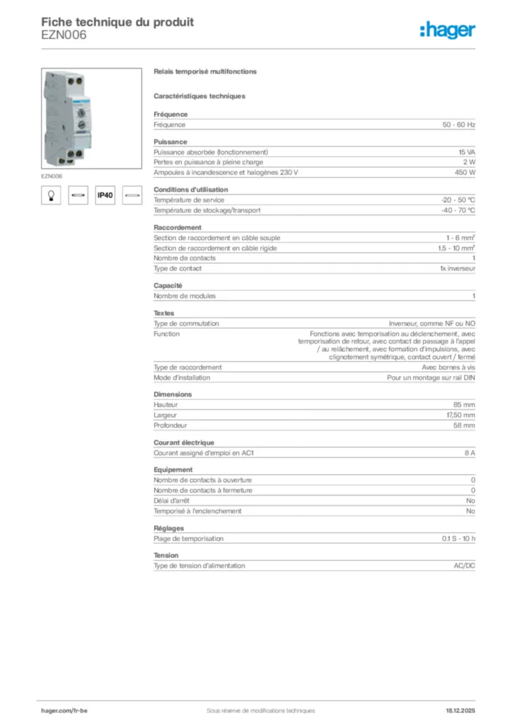 Image Hager Fiche technique du produit EZN006 | Hager Belgique