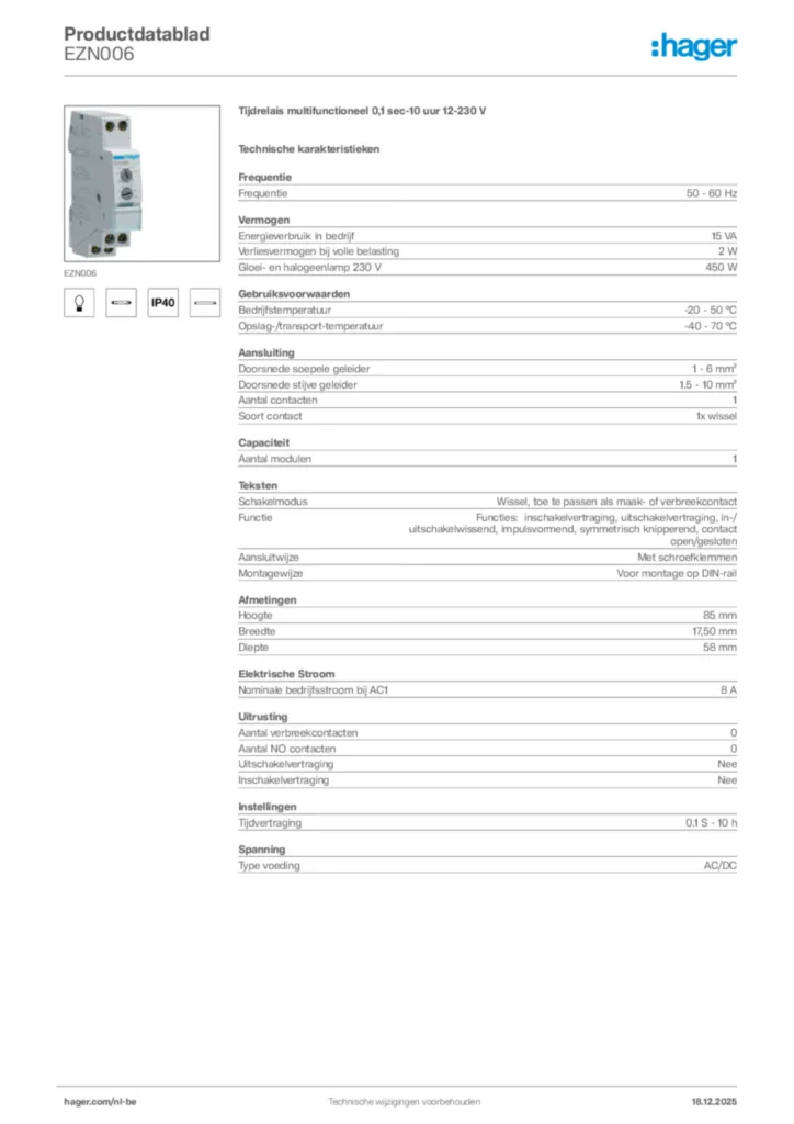 Afbeelding Hager Productdatablad EZN006 | Hager Belgium