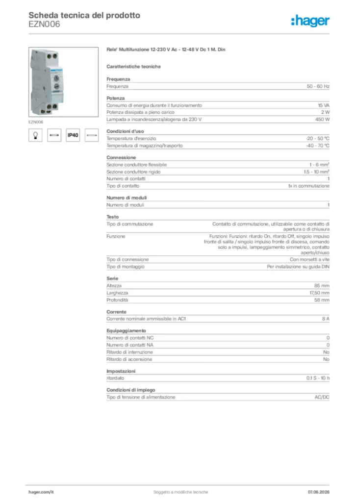 Immagine Hager Scheda tecnica del prodotto EZN006 | Hager Italia