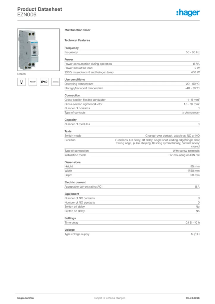 Image Hager Product data sheet EZN006  | Hager Australia