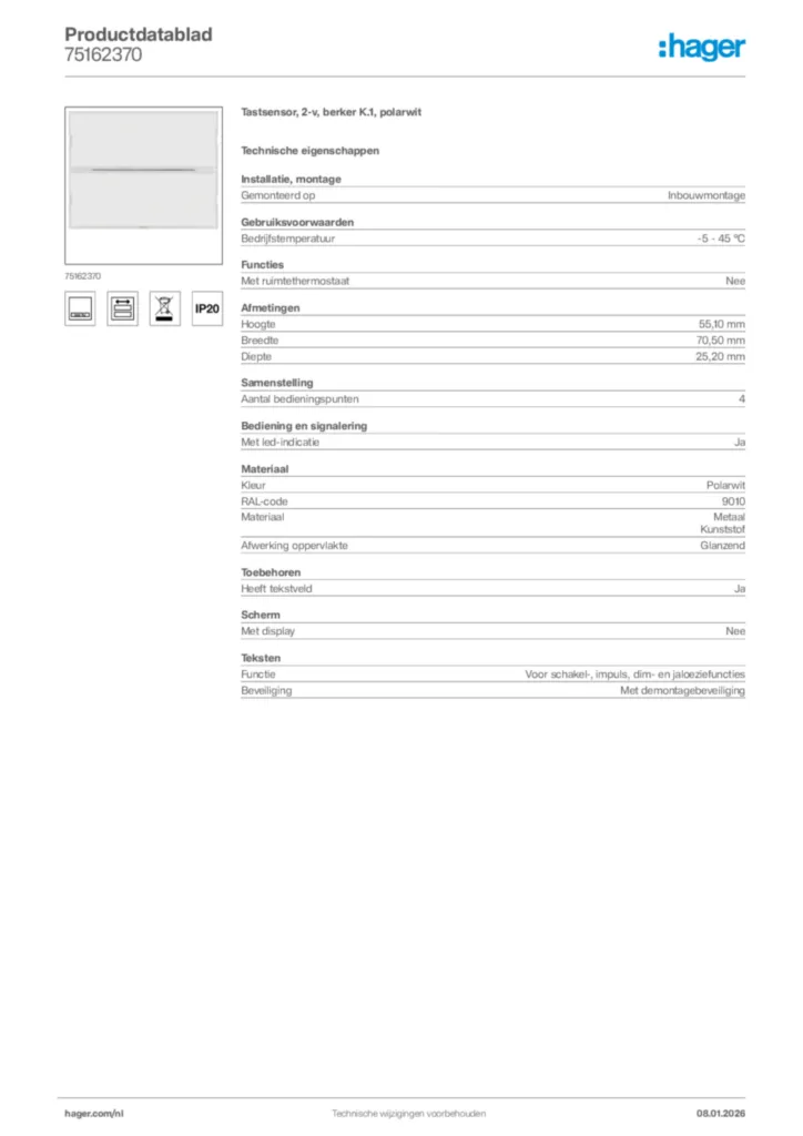 Afbeelding Hager Productdatablad 75162370 | Hager Nederland