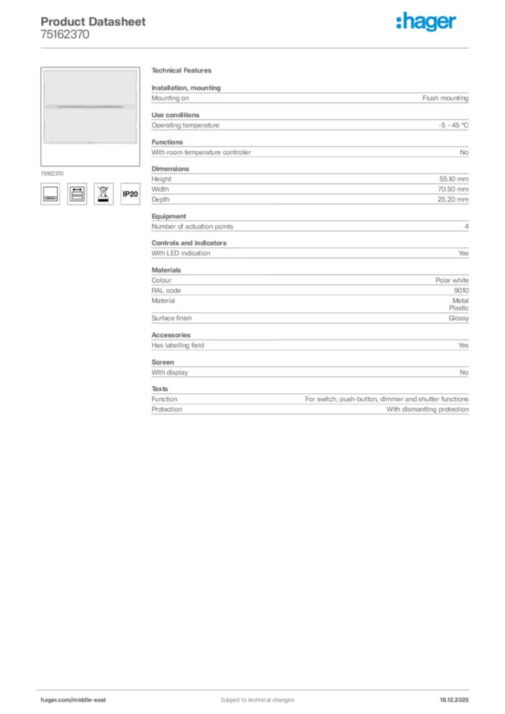 Image Hager Product data sheet 75162370  | Hager