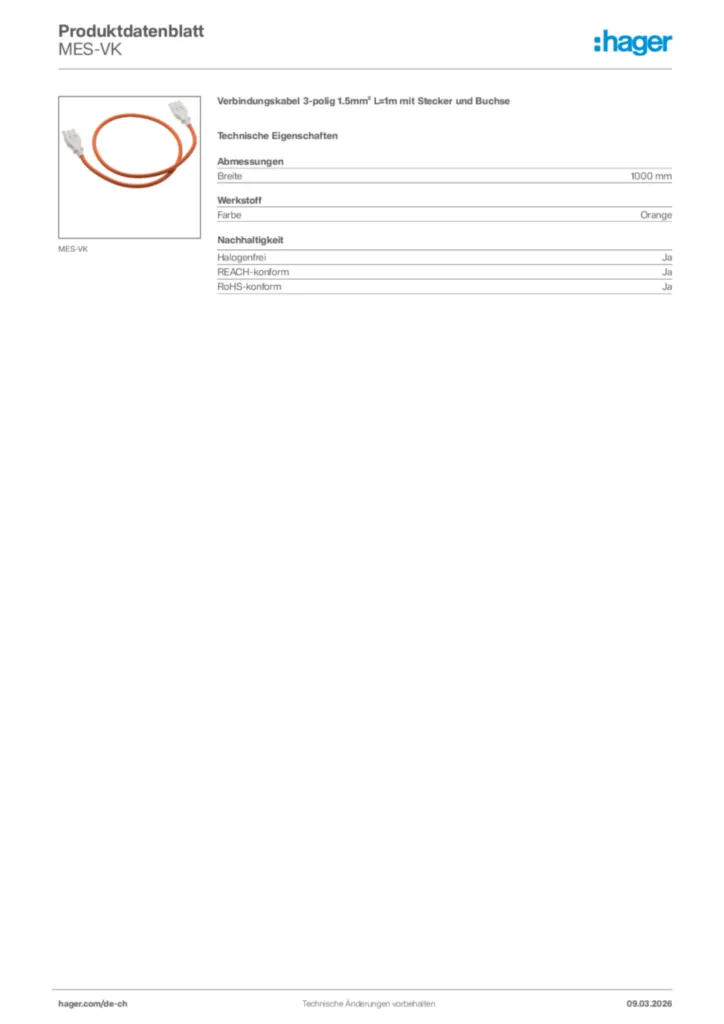 Bild Hager Produktdatenblatt MES-VK | Hager Schweiz