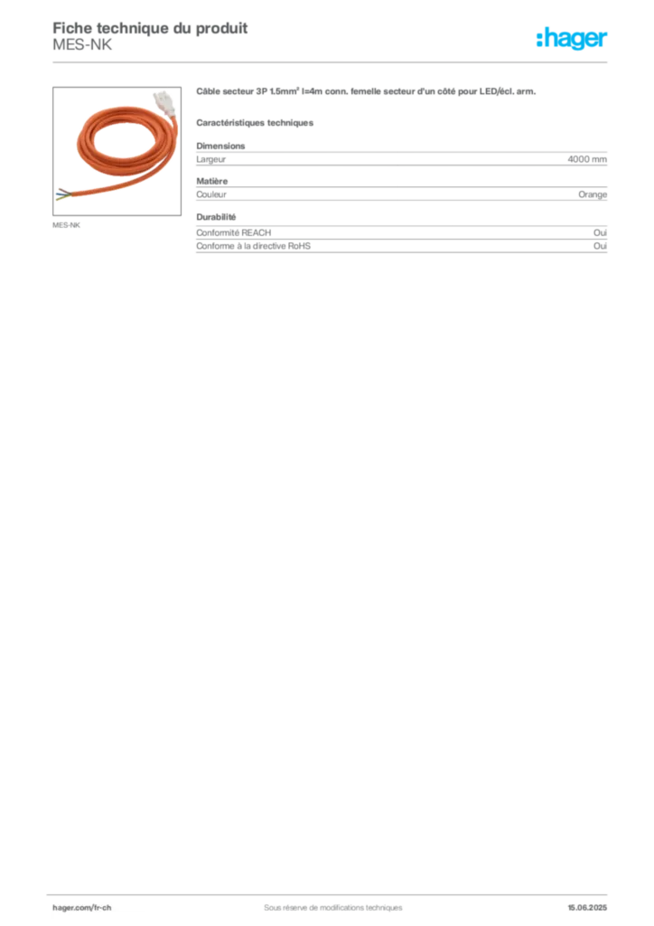 Image Hager Fiche technique du produit MES-NK | Hager Suisse