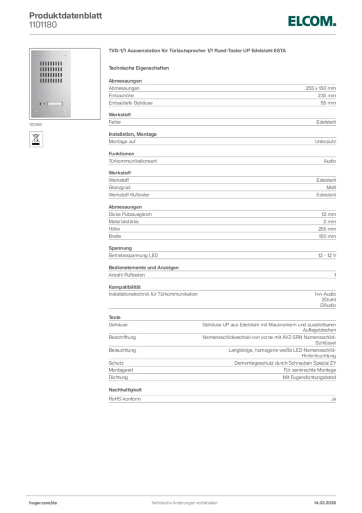 Bild Elcom Produktdatenblatt 1101180 | Hager Deutschland
