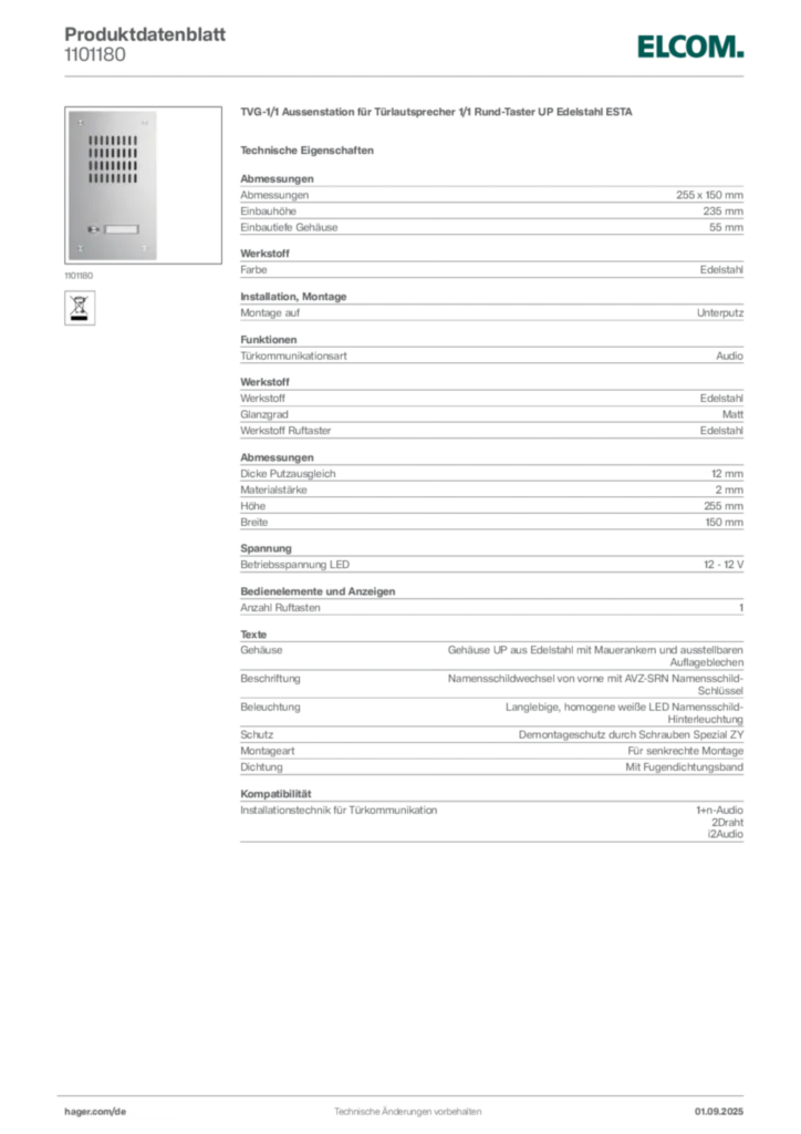 Bild Elcom Produktdatenblatt 1101180 | Hager Deutschland