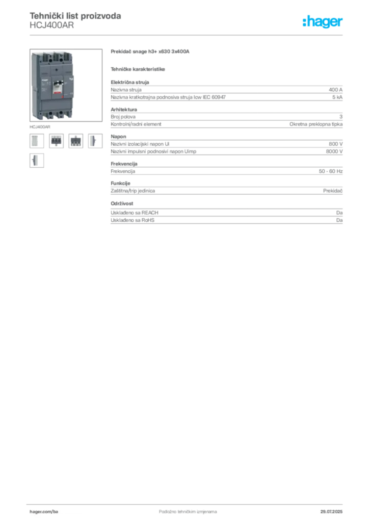 Slika Hager Product data sheet HCJ400AR  | Hager