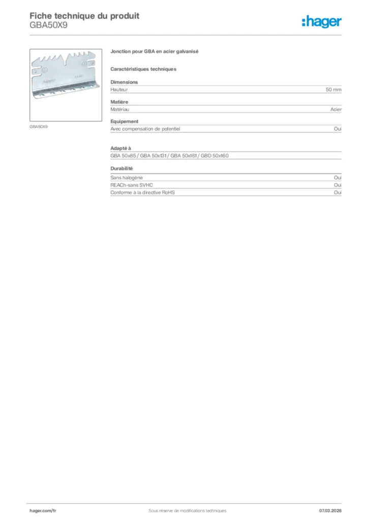 Image Hager Fiche technique du produit GBA50X9 | Hager France