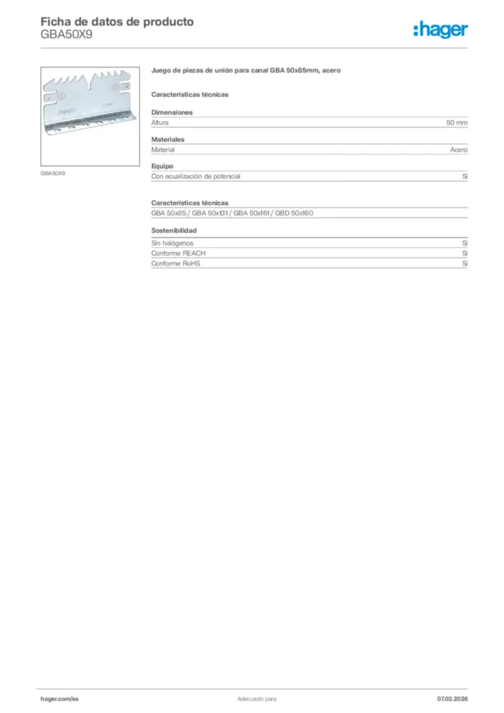 Imagen Hager Ficha de datos de producto GBA50X9 | Hager España