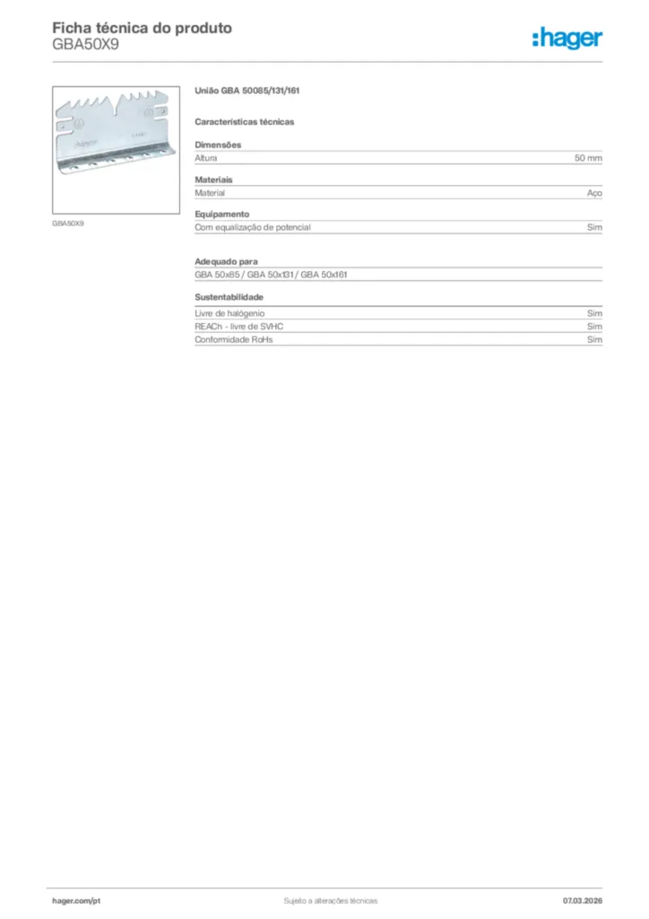 Imagem Hager Ficha técnica do produto GBA50X9 | Hager Portugal