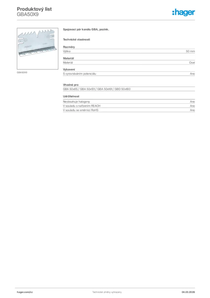 Obrázek Hager Product data sheet GBA50X9 | Hager