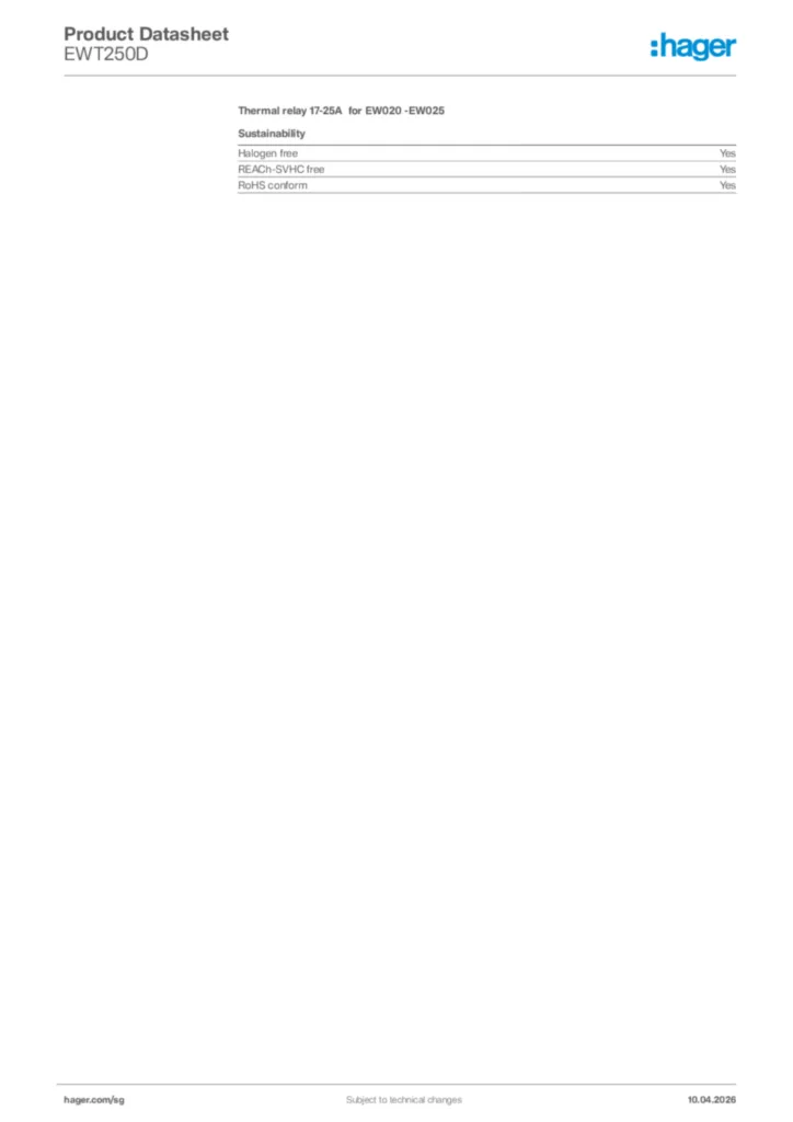Image Hager Product data sheet EWT250D  | Hager