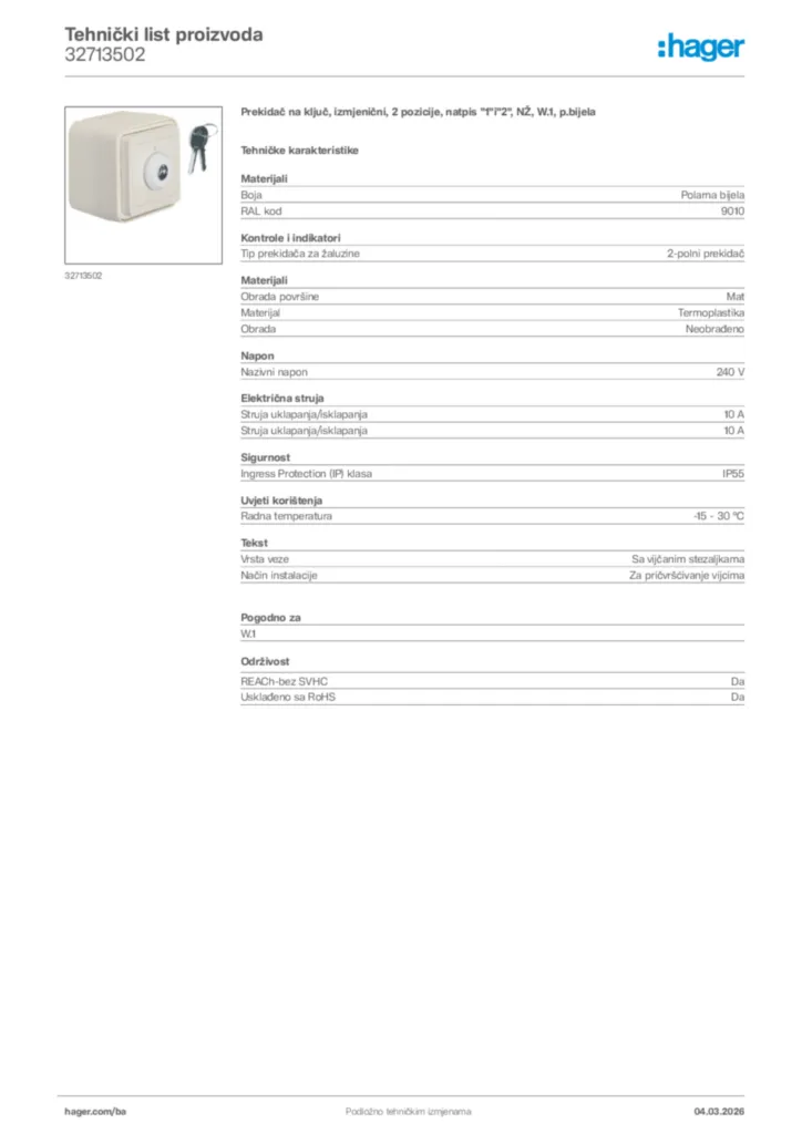 Slika Hager Tehnički list proizvoda 32713502  | Hager