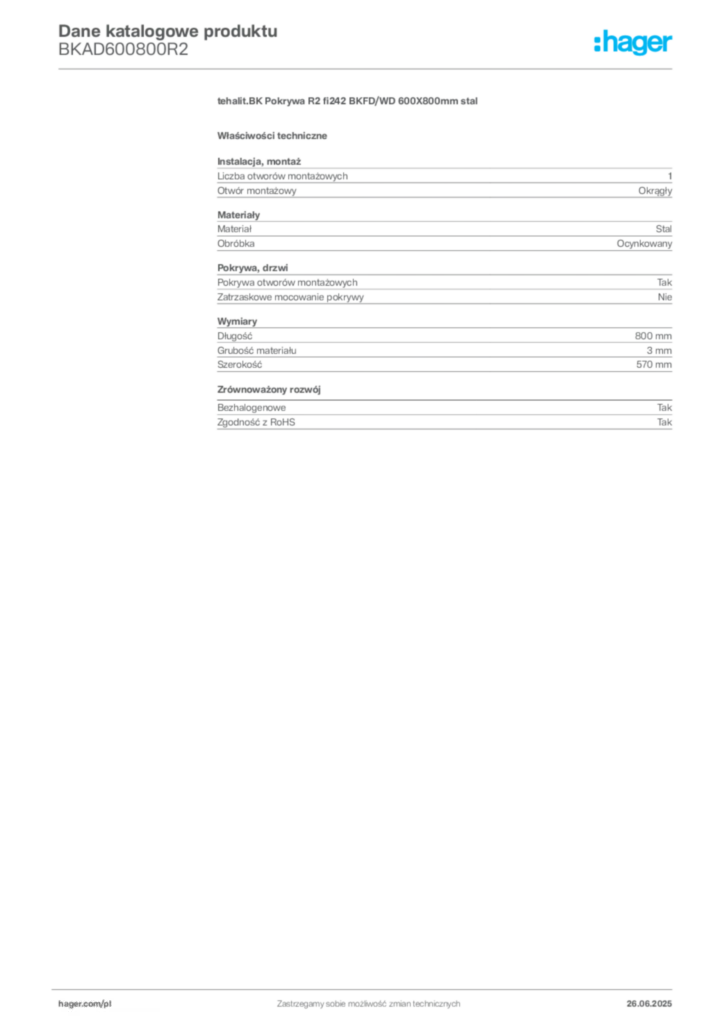 Zdjęcie Hager Karta katalogowa BKAD600800R2 | Hager Polska