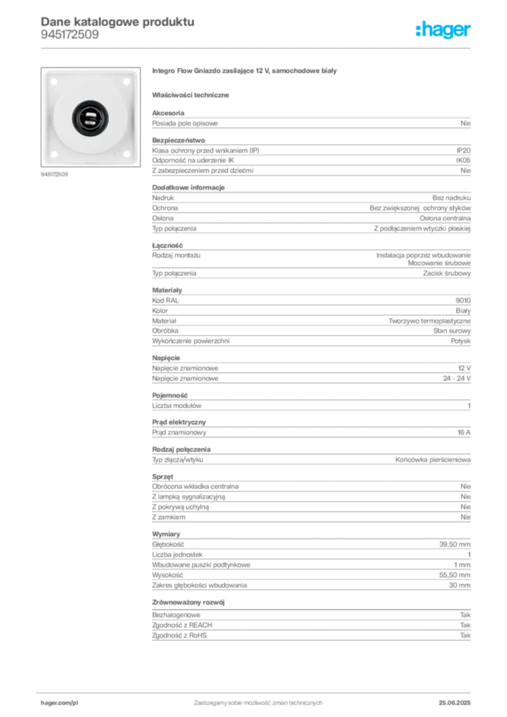 Zdjęcie Hager Karta katalogowa 945172509 | Hager Polska