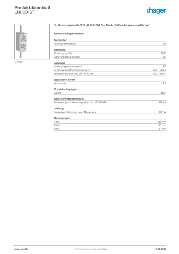 Bild Hager Produktdatenblatt LNH0016T | Hager Deutschland