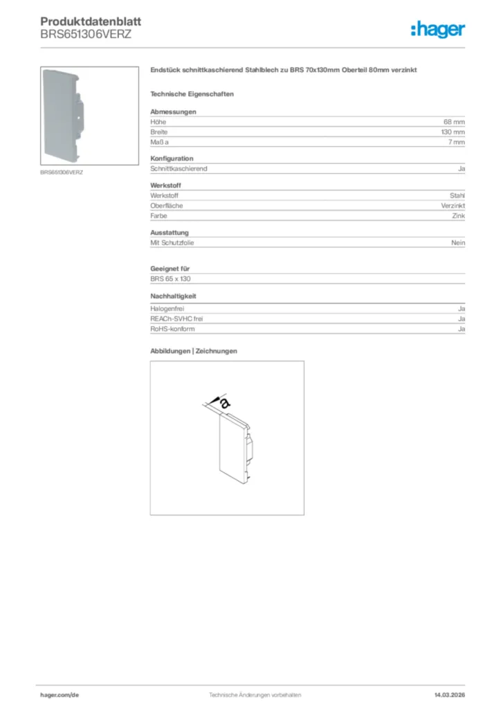 Bild Hager Produktdatenblatt BRS651306VERZ | Hager Deutschland