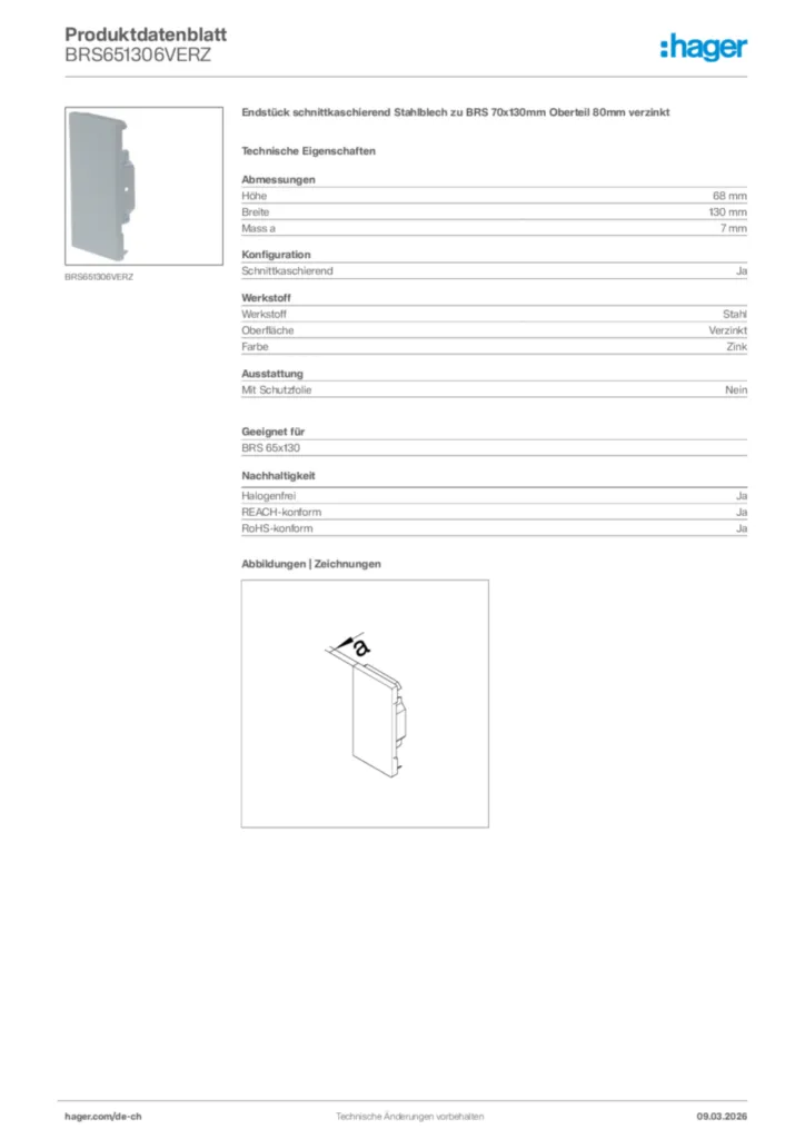 Bild Hager Produktdatenblatt BRS651306VERZ | Hager Schweiz