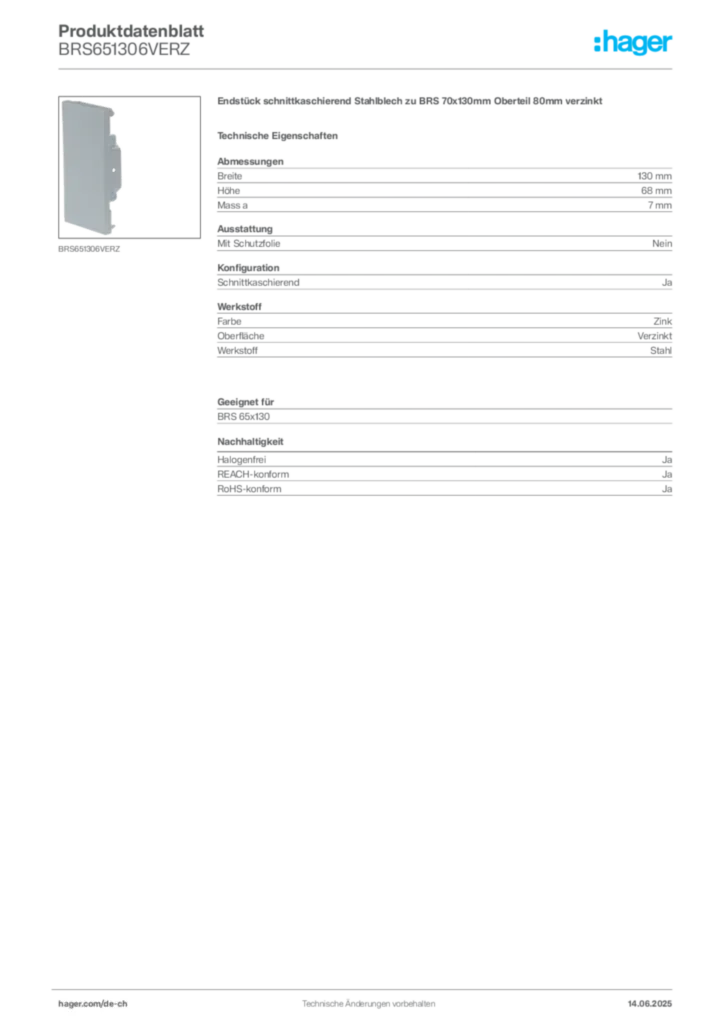 Bild Hager Produktdatenblatt BRS651306VERZ | Hager Schweiz