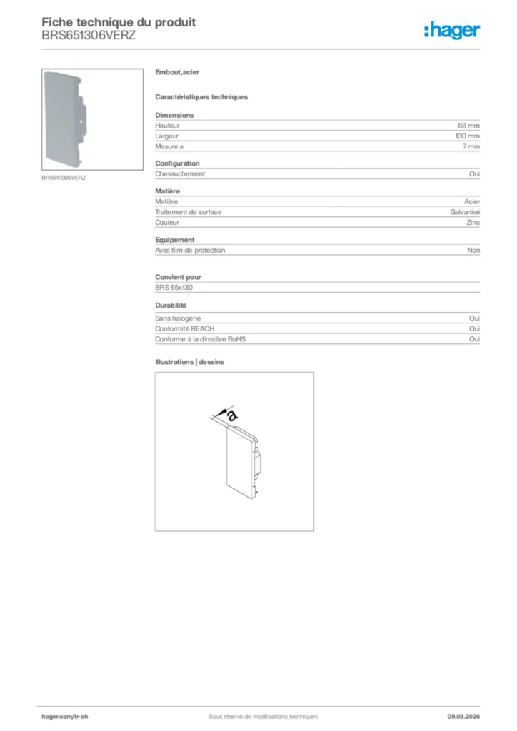 Image Hager Fiche technique du produit BRS651306VERZ | Hager Suisse