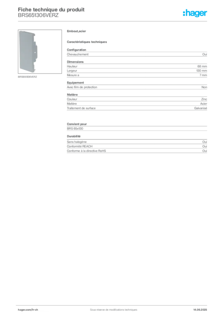 Image Hager Fiche technique du produit BRS651306VERZ | Hager Suisse