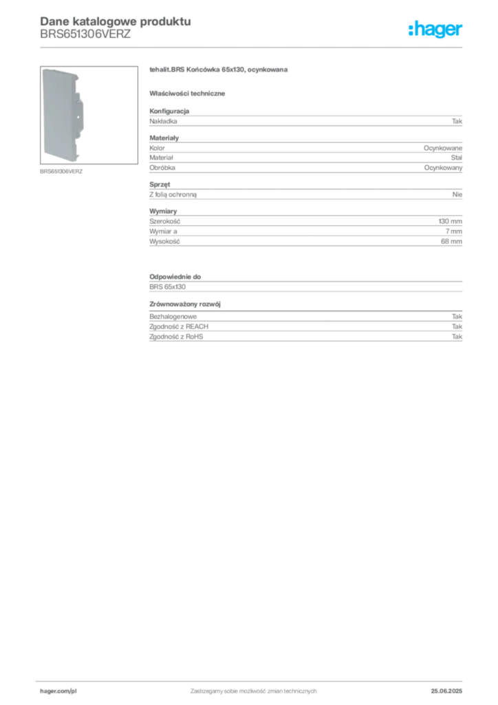 Zdjęcie Hager Karta katalogowa BRS651306VERZ | Hager Polska