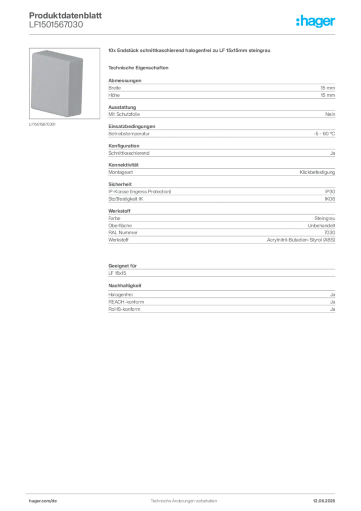 Bild Hager Produktdatenblatt LF1501567030 | Hager Deutschland