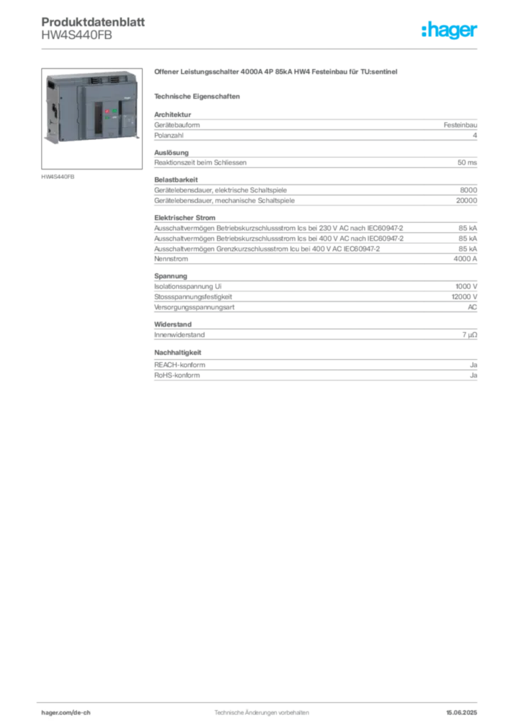 Bild Hager Produktdatenblatt HW4S440FB | Hager Schweiz
